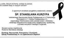 Kondolencje dla rodziny Stanisława Kurzypa od Szkoły Podstawowej nr 3 w Ząbkowicach Śląskich