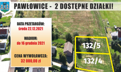 Dwie działki pod budownictwo jednorodzinne w Pawłowicach. Pozostał tydzień na wpłatę wadium