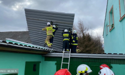 Mercedes uderzył w powalone drzewo na ósemce, zerwany dach na obiekcie gospodarczym [aktualizacja]