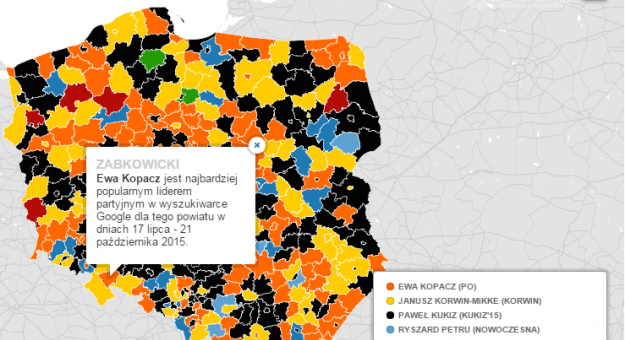 Zestawienie popularności wyszukiwania liderów partyjnych w Google w każdym z powiatów